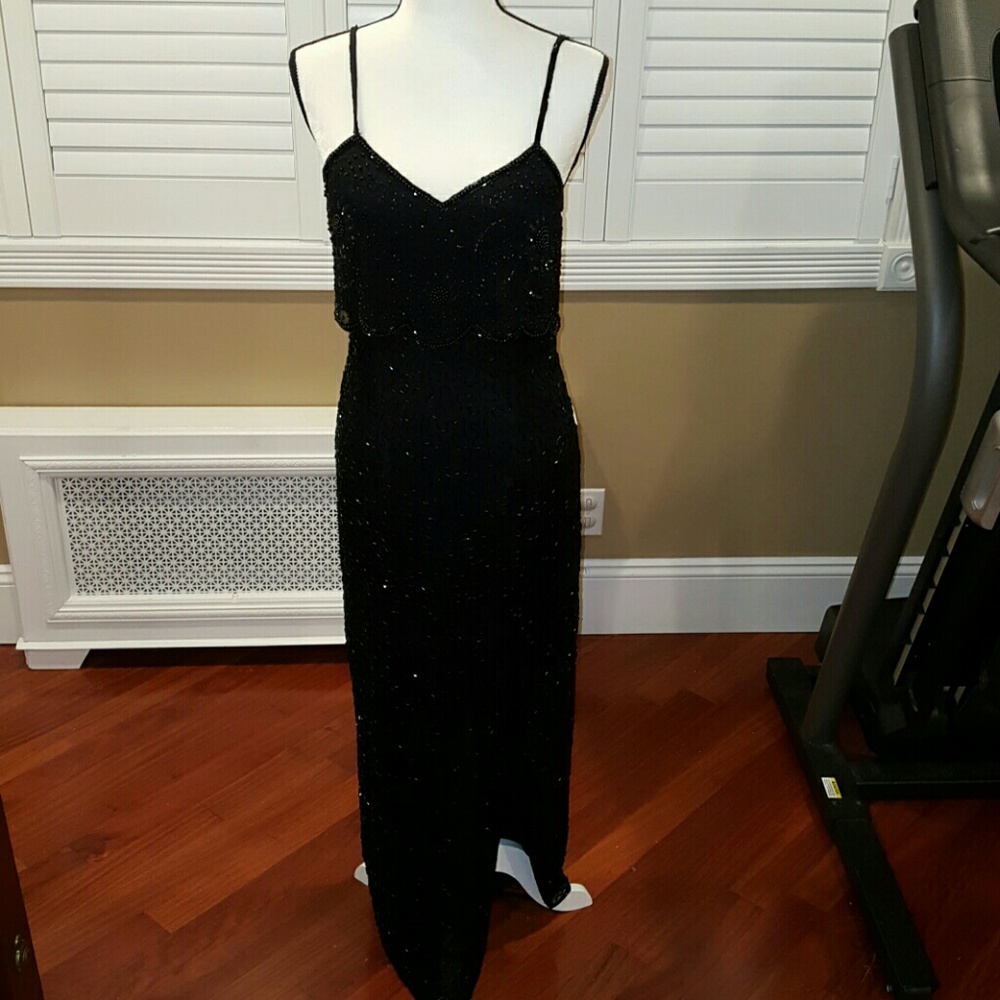 PAPELL BOUTIQUE BLACK EVENING BEADED SILK GOWN 8